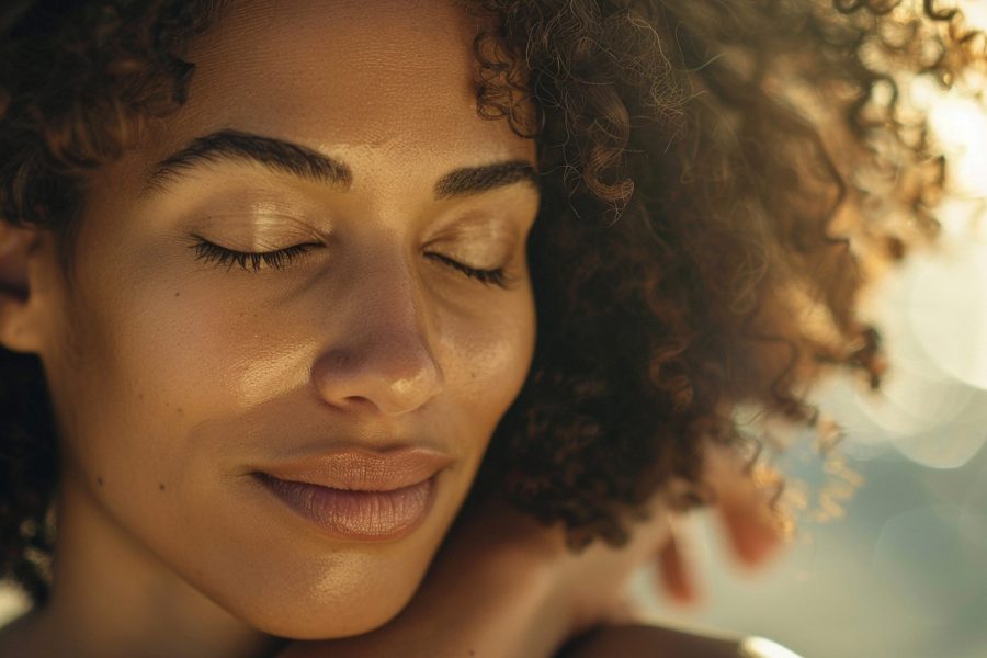 Mulher com a pele oleosa de olhos fechados